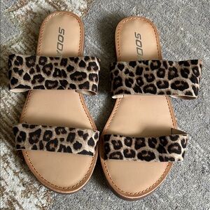 Soda Leopard Print Double-Strap Slide Sandals - Tan and Black Womens Size 7.5